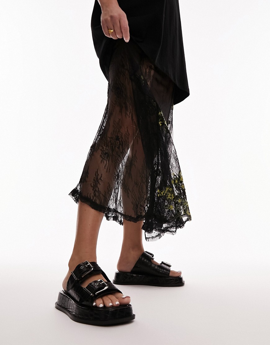 Topshop Katie Leather Chunky Sandals In Black Croc