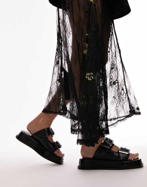 Topshop Katie leather chunky sandals in black croc, 3 of 4