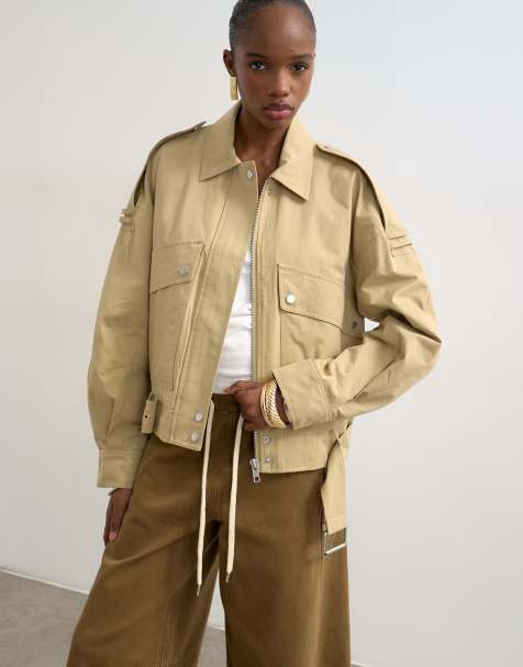 Topshop - Katoenen bikerjack met riem in stone - view 1