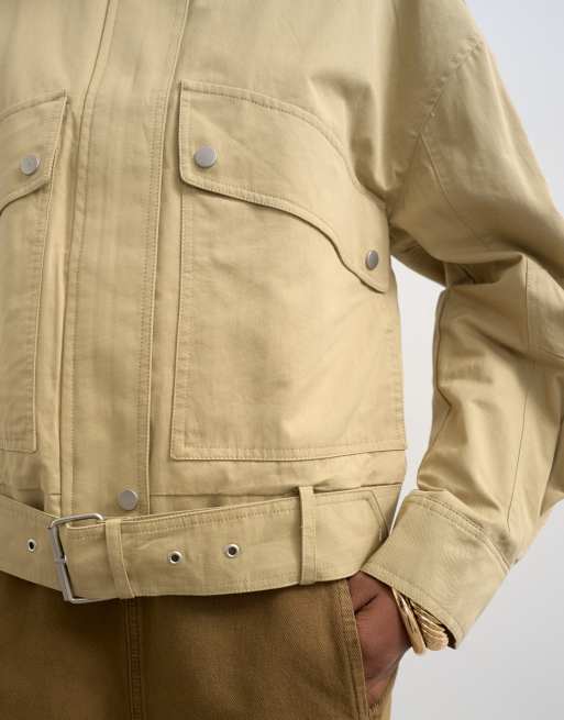 Topshop - Katoenen bikerjack met riem in stone, 4 van 4