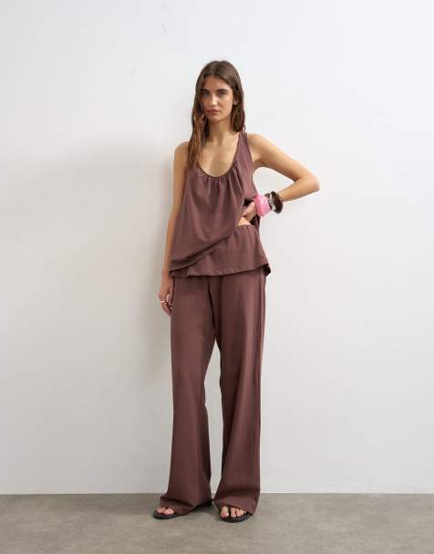 Topshop - Katoenen broek met wijde pijpen en bovenlaag in chocoladebruin, deel van co-ord set - view 1
