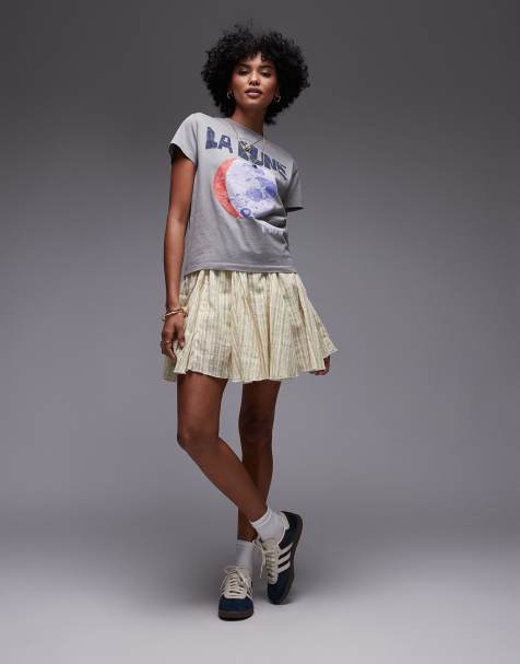 Topshop - Katoenen minirok met godets in geel en groene streep - view 1