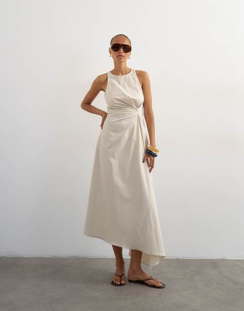 Topshop katoenen poplin maxi jurk met plooien aan de zijkant en racerhals in stone - view 1