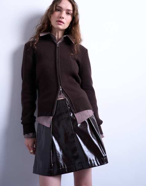 Topshop faux leather tailored mini skirt in coffee