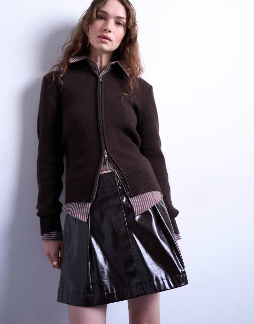 Topshop – Kawowa dopasowana spódnica mini z imitacji skóry