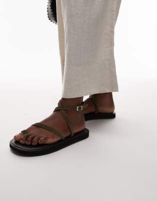 Topshop - Kayce - Flache Riemchen-Sandalen aus echtem Wildleder in Khaki-Grün