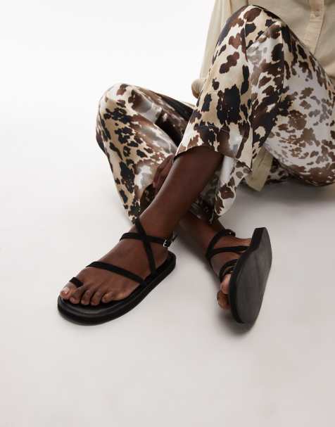 Topshop Kayce real leather strappy flat sandals in black - view 1