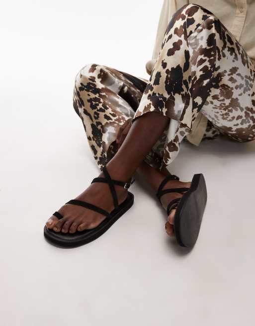 Topshop Kayce real leather strappy flat sandals in black