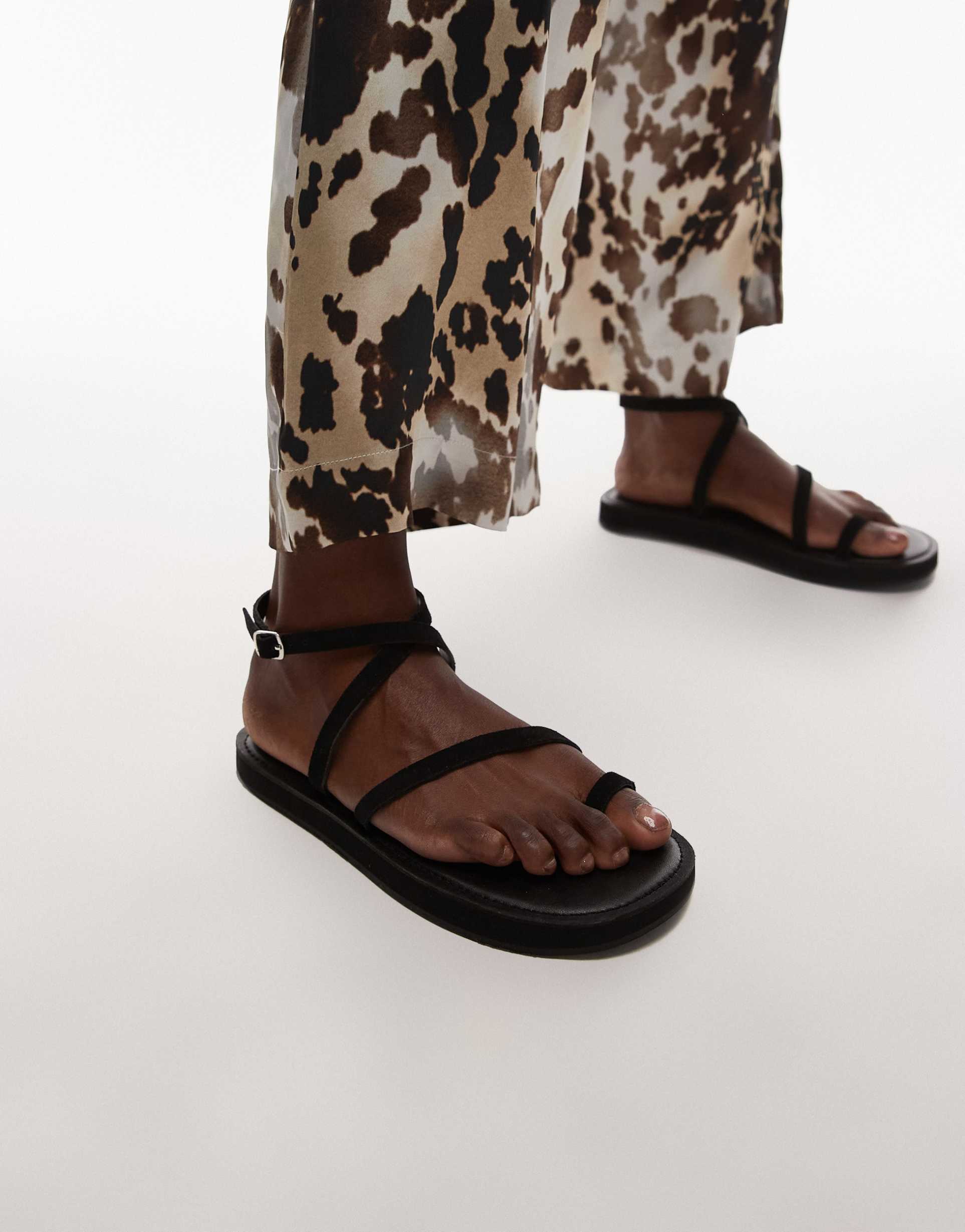 topshop kayce real suede strappy flat sandals in black