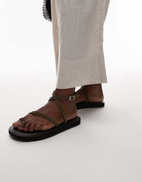 Topshop Kayce real suede strappy flat sandals in khaki - view 1