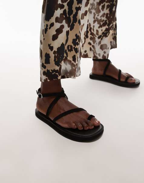 Topshop – Kayce – Svarta, platta sandaler i äkta mocka med smala remmar - view 1