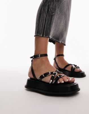 Topshop Kayla leather strappy sandal with buckle detail in black