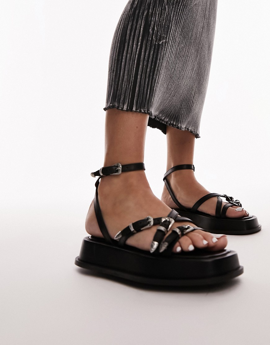 Topshop Kayla leather strappy sandal with buckle detail in black