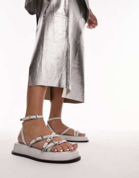 Topshop Kayla leather strappy sandals with buckle detail in white - view 1