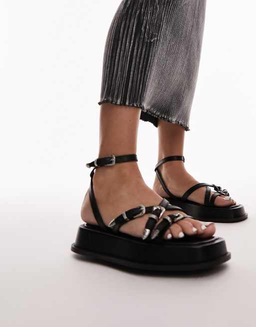 Topshop - Kayla - Sort lædersandaler med stropper og spændedetalje