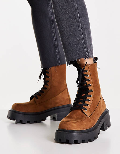 Topshop Kayla suede chunky lace up boot in tan