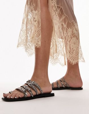 Topshop Keira Leather Western Buckle Sandals In Brown Snake