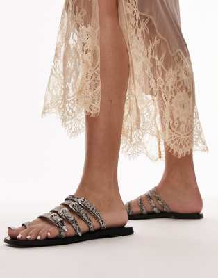 Topshop - Keira - Ledersandalen mit braunem Schlangenmuster und Western-Schnallen-Brown