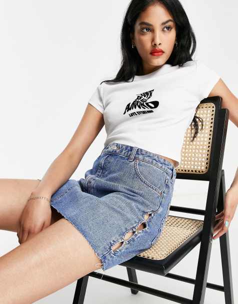 Topshop keyhole cut out denim mini skirt in mid blue