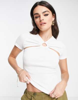 Topshop Keyhole Cut Out Short Sleeve Tee In Ecru-white