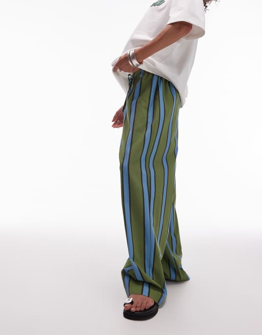Topshop – Khaki-Blau gestreifte Popeline-Schlupfhose mit weitem Bein, 3 von 5