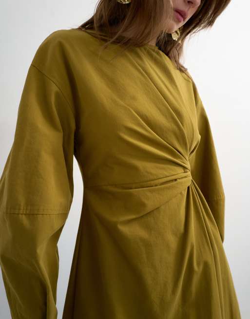 Topshop - Khaki midikjole med knudedetalje og asymmetrisk kant, 4 af 4