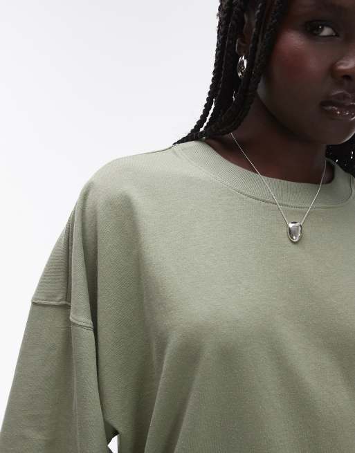 Topshop – Khakifärgad t-shirt i oversize med sänkt axelsöm, 3 av 4