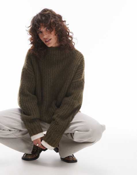 Topshop - Khakigrøn højhalset trøje med oversized pasform i vamset strik - view 1