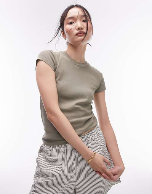 Topshop – Khakigrön, vardaglig t-shirt i lång modell