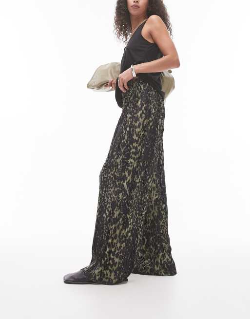 Topshop – Khakigröna, leopardmönstrade, plisserade byxor