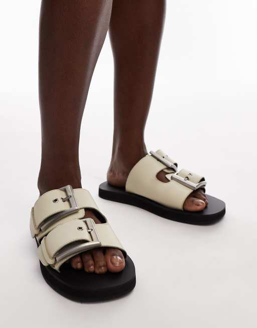Topshop - Kiara - Leren sandalen met grove gespen in gebroken wit, 3 van 4