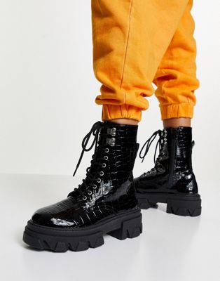 Chaussures Topshop - Kick - Bottes chunky à lacets - Noir croco