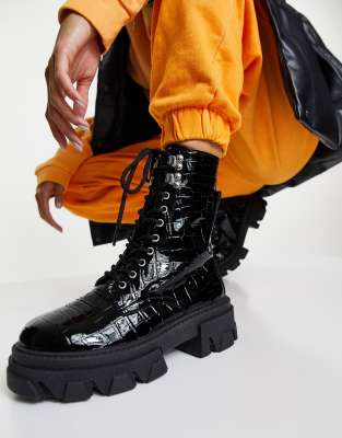 black croc lace up boots