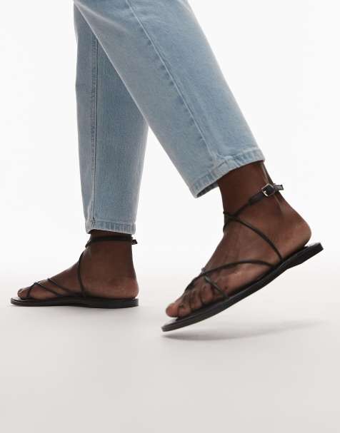 Topshop Kim real leather strappy flat sandal in black - view 1