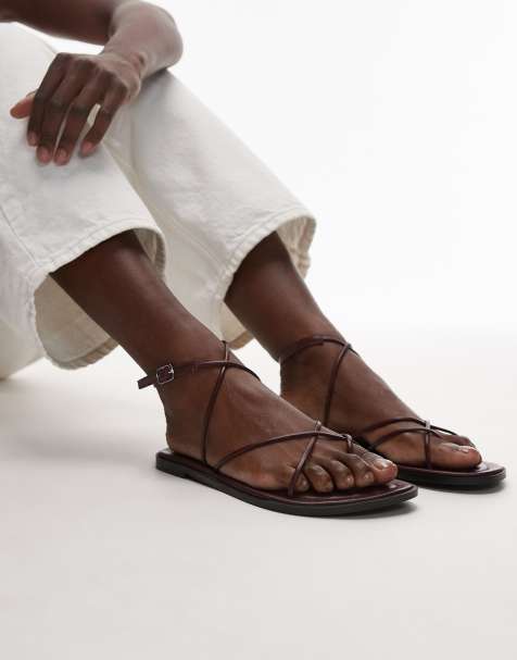 Topshop Kim real leather strappy flat sandal in burgundy - view 1