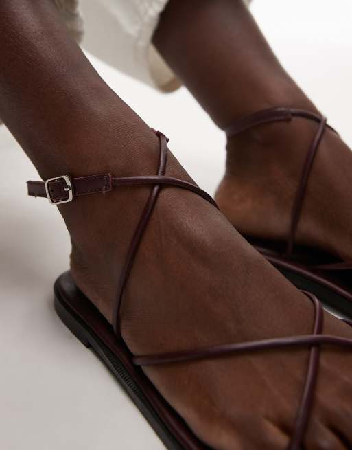 Topshop Kim real leather strappy flat sandal in burgundy, 4 of 4
