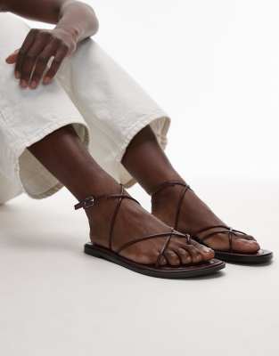Kim real leather strappy flat sandals in burgundy-Red