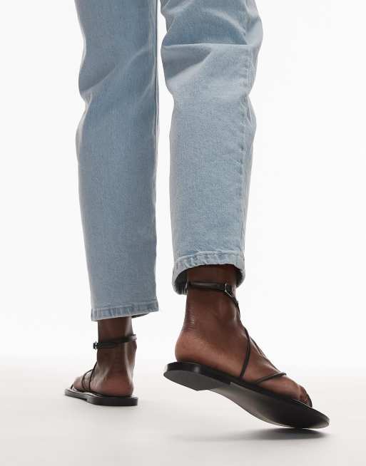 Topshop - Kim - Sorte flade sandaler med smalle remme i ægte læder, 2 af 4
