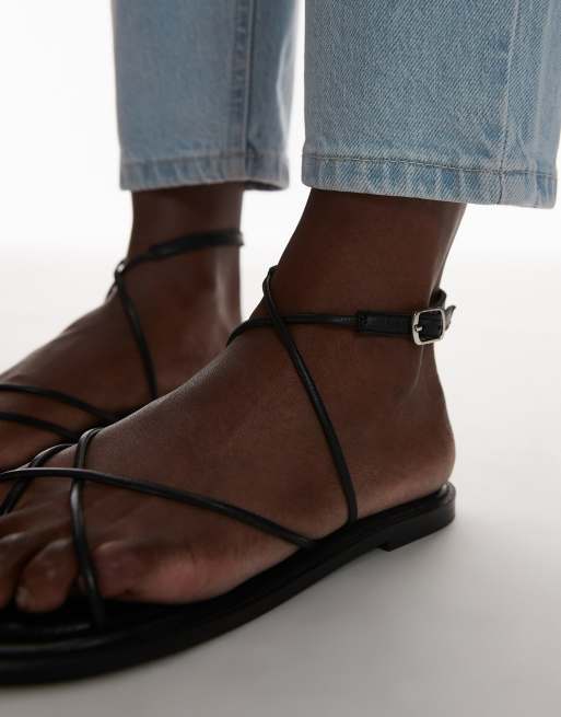 Topshop - Kim - Sorte flade sandaler med smalle remme i ægte læder, 4 af 4