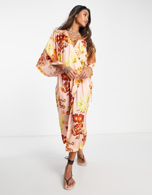 Floral print sale plunge kimono dress