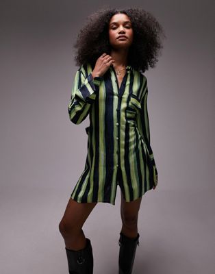 Topshop kimono mini shirt dress in green stripe - ASOS Price Checker