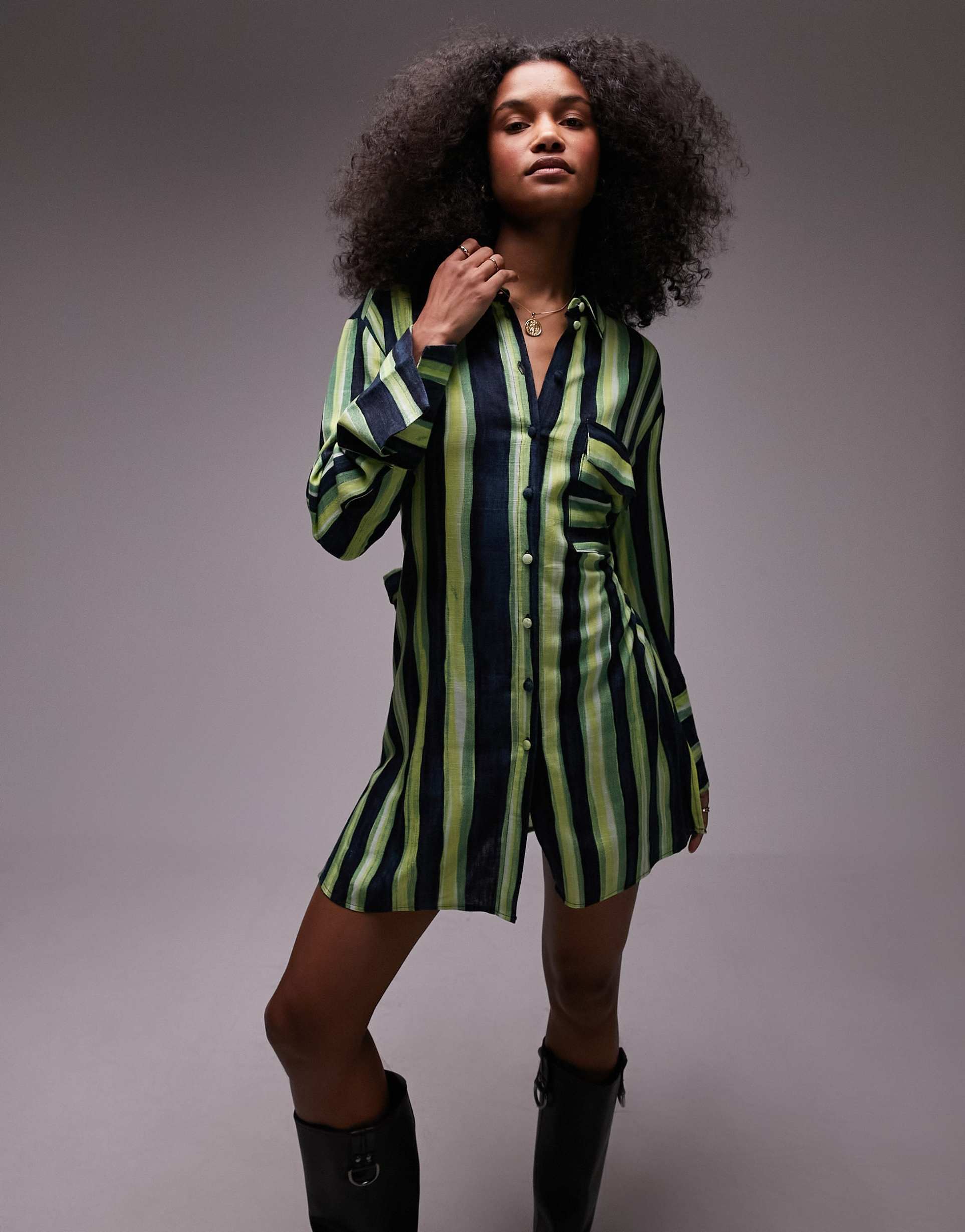 topshop kimono mini shirt dress in green stripe