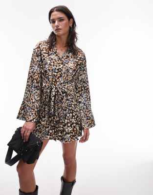 Topshop Kimono Mini Shirt Dress In Splodgey Animal Print-multi