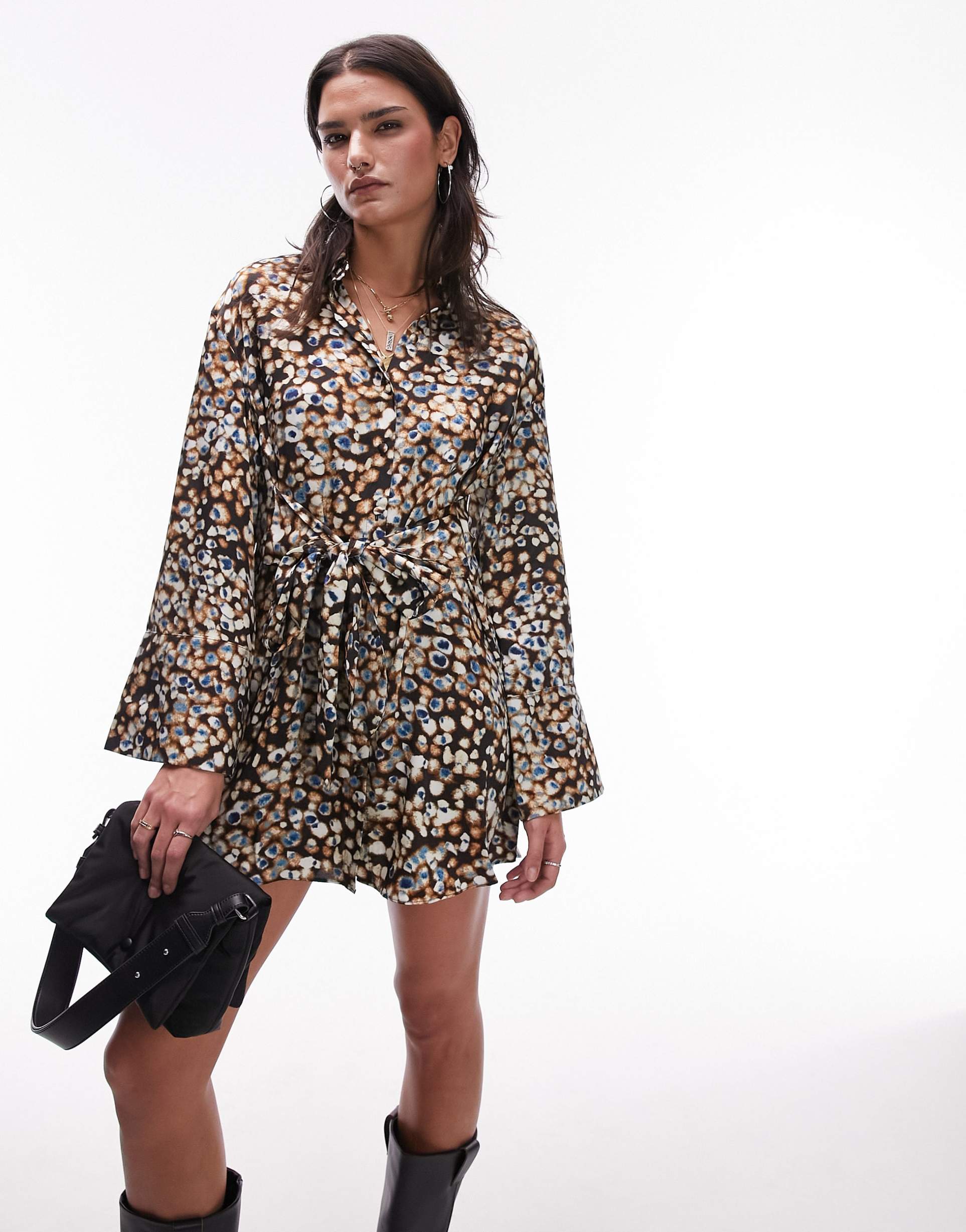 topshop kimono mini shirt dress in splodgey animal print