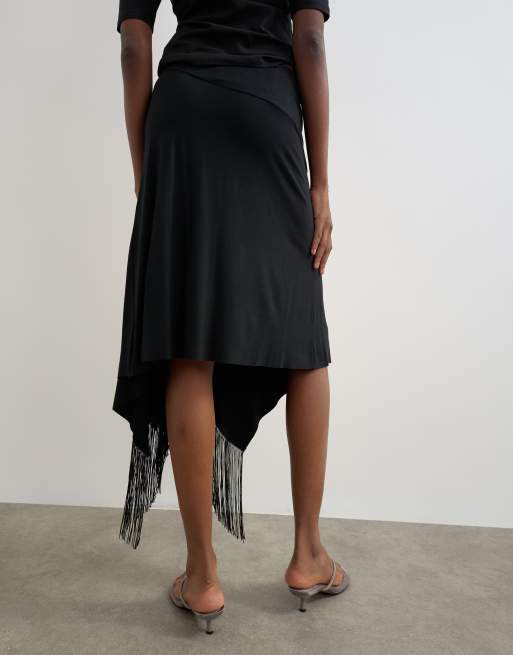 Topshop kjol med draperad detalj och fransar i svart, 5 av 5