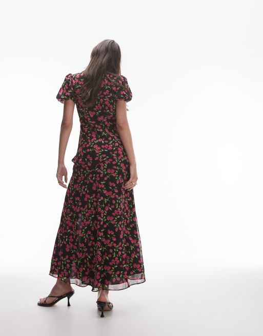 Topshop - Kjole til særlige lejligheder med rynkede ærmer og rødt blomstermønster, 3 af 4