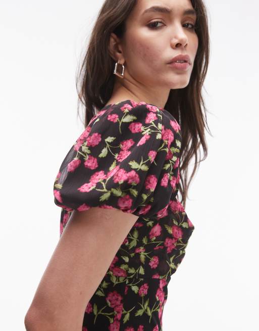 Topshop - Kjole til særlige lejligheder med rynkede ærmer og rødt blomstermønster, 4 af 4
