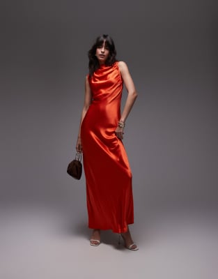 Topshop - Kleid für besondere Anlässe in Orange mit asymmetrisch gerafftem Armausschnitt und Maxilänge