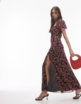 Topshop - Kleid für besondere Anlässe in Rot mit Blumenmuster und gerafften Ärmeln