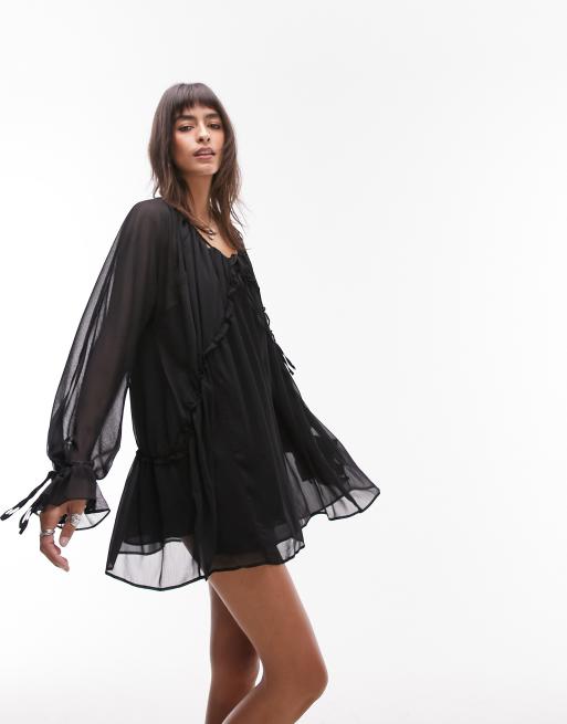 Topshop – Kleid zum Hineinschlüpfen in Schwarz mit Zierausschnitt und geschnürtem Ausschnitt